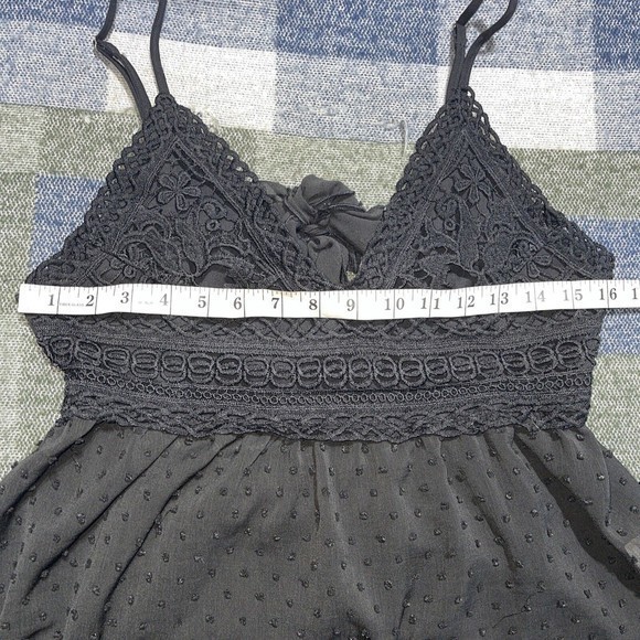 SHEIN Black Lace Trim Swiss Dot Sheer Cami Top Women's Size L Back Tie Cutout - Picture 8 of 9